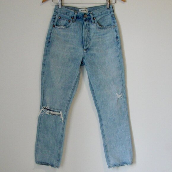 Agolde Riley High Rise Jeans Distressed Straight Leg Ankle Button Light Wash 24 - Picture 1 of 13